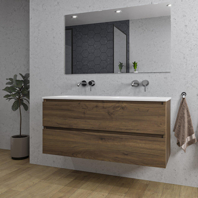 Adema Chaci Badkamermeubelset - 120x46x57cm - 2 keramische wasbakken wit - zonder kraangaten - 2 lades - rechthoekige spiegel - noten (hout)