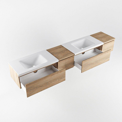 MONDIAZ BUKLA 240cm badmeubel met module 40 links kleur Washed Oak met 4 lades. Wastafel CLOUD dubbel 2 kraangaten kleur Talc.