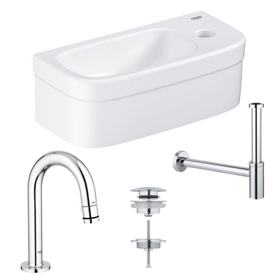 GROHE Euro fonteinset 37x18cm 1 kraangat zonder overloop gebogen chromen kraan sifon afvoerplug fontein Rechthoek wit