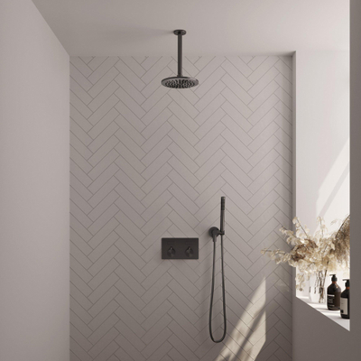 BRAUER gunmetal Edition Thermostatische Regendouche inbouw - drukknoppen - SET 53 - 20cm hoofddouche - plafondarm - staaf handdouche - doucheslang - wandaansluitbocht - gunmetal geborsteld PVD