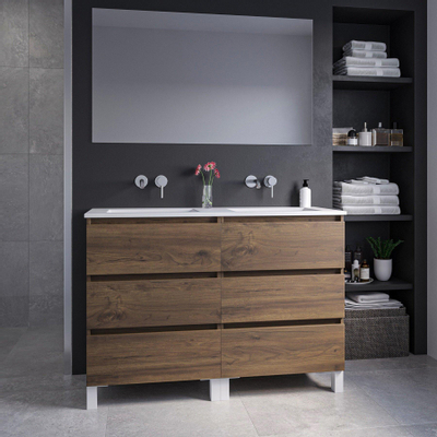 Adema Chaci PLUS Badkamermeubelset - 120x86x46cm - 2 rechthoekige keramische wasbakken wit - 0 kraangaten - 6 lades - rechthoekige spiegel - noten (hout)