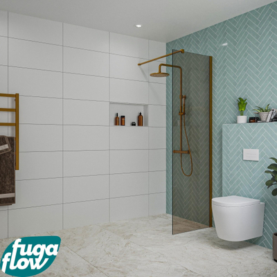 FugaFlow Eccelente Vetro inloopdouche badkamer - 60x200cm - rookglas - wandarm - geborsteld koper
