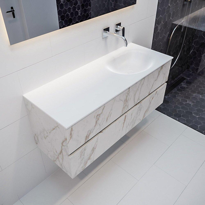 MONDIAZ VICA Badkamermeubelset - 120cm - 4 lades - wasbak Moon rechts - 0 kraangaten - solid surface carrara marmer