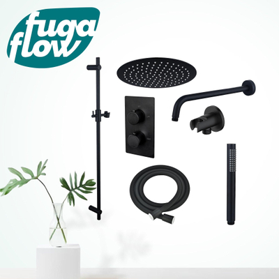FugaFlow Eccelente Sobrado Badkamer Inbouw Regendoucheset - thermostatisch - wandarm -glijstang - 25cm hoofddouche - staaf handdouche - zwart mat