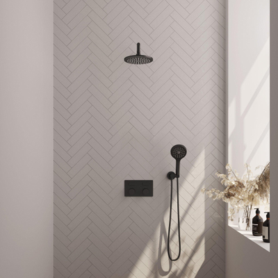 BRAUER Black Carving Thermostatische Regendouche inbouw - drukknoppen - SET 57 - 20cm hoofddouche - gebogen muurarm - 3 standen handdouche - doucheslang - wandaansluitbocht - zwart mat