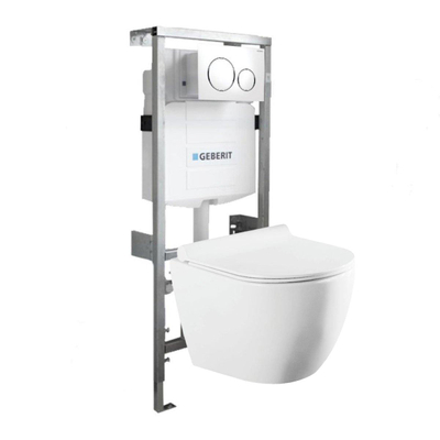 QeramiQ Salina Compact inbouwset met softclose zitting en Geberit Sigma 20 bedieningsplaat wit chroom