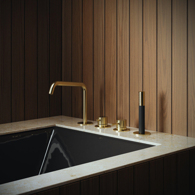 Hotbath Archie Badrandcombinatie éénhendel mengkraan met uitloop en 2-weg omstel BBP Geborsteld Messing PVD