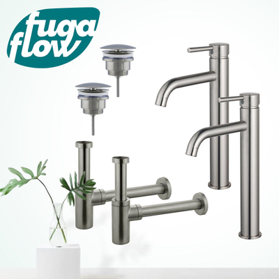FugaFlow Eccelente Sobrado Badkamer Wastafelkraanset - voor dubbele wastafel - verhoogde wastafelkraan - always open plug - design sifon - PVD Geborsteld RVS