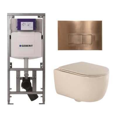 QeramiQ Dely Swirl Toiletset - 36.3x51.7cm - Geberit UP320 Burda inbouwreservoir - slim zitting - koperen bedieningsplaat - rechthoekige knoppen - beige