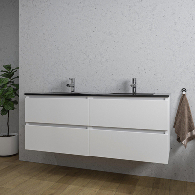 Adema Chaci Badkameronderkast - 140cm - 4 lades - greeploos - zwart keramieke wastafel - overloop - 2 wasbakken - 2 kraangaten - mat wit