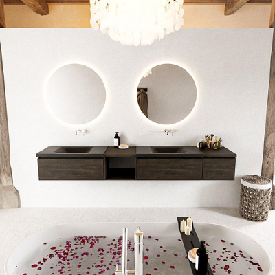 MONDIAZ BUKLA 240cm badmeubel met open module 40 links kleur Dark Brown met 3 lades. Wastafel CLOUD dubbel 0 kraangaten kleur Urban.