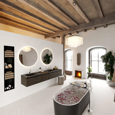 MONDIAZ BUKLA 200cm badmeubel met module 40 links kleur Dark Brown met 4 lades. Wastafel CLOUD dubbel 2 kraangaten kleur Urban.