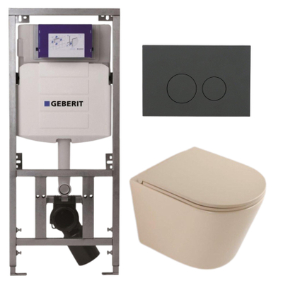 QeramiQ Dely Toiletset - 36.3x51.7cm - diepspoel - rimless - Geberit UP320 inbouwreservoir - softclose toilet zitting - bedieningsplaat mat antraciet - ronde knoppen - mat beige