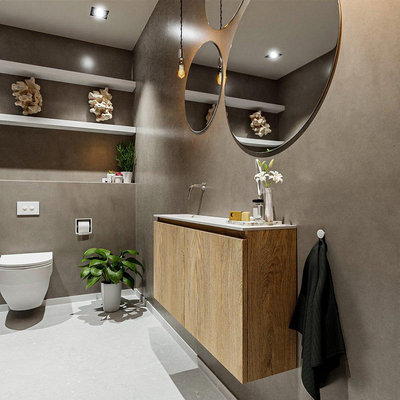 MONDIAZ TURE Fonteinset - 100x23x50cm - 0 kraangaten - 2 deuren - washed oak mat - Wasbak links - Solid Surface Wit