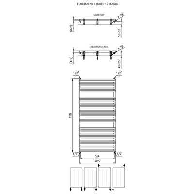 Plieger Florian Nxt designradiator enkel horizontaal 1216x600mm 750W mat wit