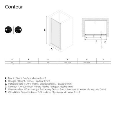 Sealskin Contour Draaideur voor nis 90x200cm 6mm helder veiligheidsglas met antikalklaag Mat grijs