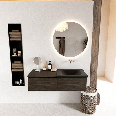 Mondiaz BUKLA badkamermeubelset 120x45x34cm 0 kraangaten wasbak rechts solid surface Urban greeploos 2 lades met softclose Melamine Dark brown