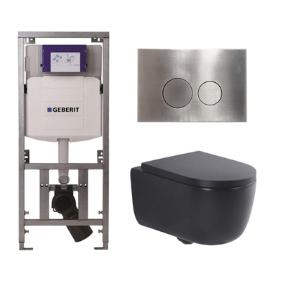 QeramiQ Dely Swirl Toiletset - 36.3x51.7cm - Geberit UP320 Burda inbouwreservoir - 35mm zitting - steel bedieningsplaat - ronde knoppen - mat zwart