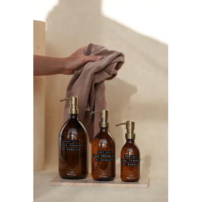 Wellmark Handzeep bruin glas messing pomp 1000ml tekst MAY ALL YOUR TROUBLES BE BUBBLES Zwart label