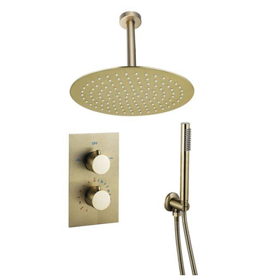 FortiFura Calvi inbouw regendoucheset Thermostatisch Plafondarm 20cm met 25cm hoofddouche staaf handdouche geborsteld messing PVD