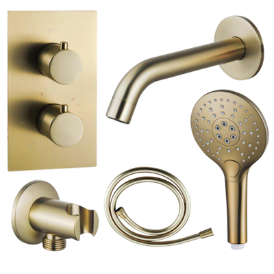 Fortifura Calvi Badkraan set - uitloop - 22cm inkortbaar - gladde slang - ronde handdouche - inbouwdeel - wandhouder - geborsteld messing