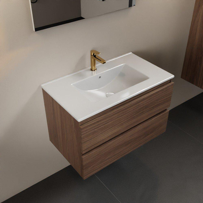 Mondiaz Aivy badmeubelset - 80x45x50cm - 1 kraangat - 1 wasbak talc Keramiek - Midden - 2 lades - Met spiegel - Melamine Mocha