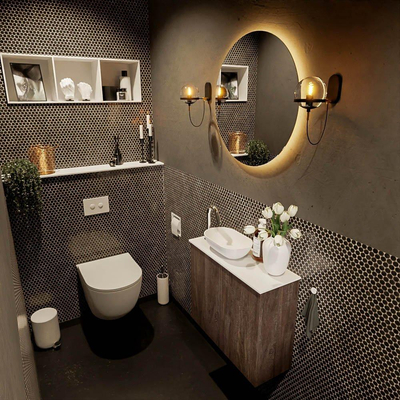 Mondiaz Fowy Toiletmeubel - 60x50x23cm - dark brown mat - 1 kraangat - wasbak links - 2 deuren - solid surface - blad Melamine - wasbak: wit