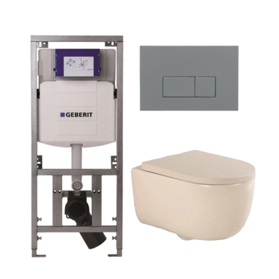 QeramiQ Dely Swirl Toiletset - 36.3x51.7cm - Geberit UP320 Burda inbouwreservoir - 35 mm zitting - bedieningsplaat licht grijs - rechthoekige knoppen - beige