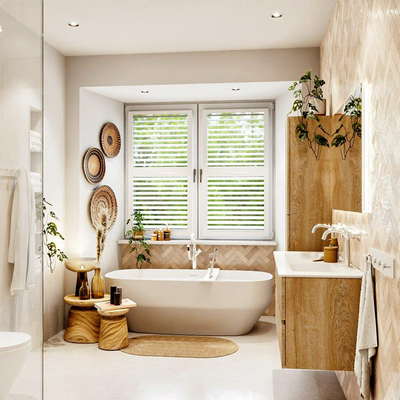 MONDIAZ VICA 120cm badmeubel onderkast Washed Oak 2 lades. Wastafel DENIA dubbel 2 kraangaten, kleur Glanzend Wit.