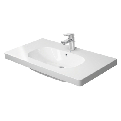 Duravit D code meubelwastafel 85x48 cm. 1x kr.gat m overloop wit Duravit XBase Wastafelonderkast 80x45.8x44.8cm 1 lade Standaard greep met softclose spaanplaat wit Mat SHOWROOMMODEL