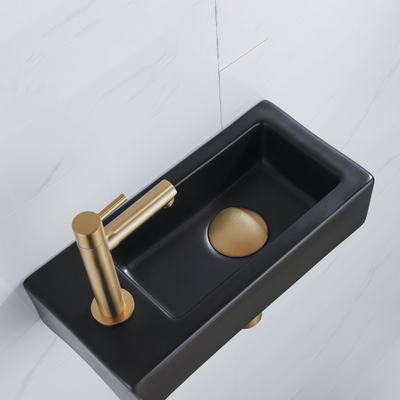 QeramiQ Fuente Fonteinset - 37.5x18.5x9cm - keramiek - kraangat links - fonteinkraan geborsteld messing - afvoerplug - verlaagd sifon - Mat Zwart