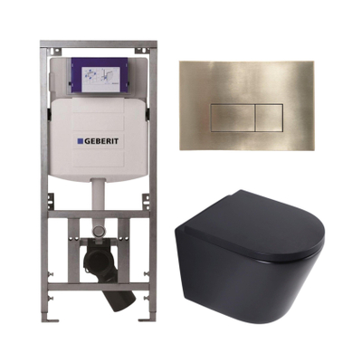 QeramiQ Dely Toiletset - 36.3x51.7cm - diepspoel - rimless - Geberit UP320 inbouwreservoir - softclose toilet zitting 35 mm - geborsteld messing bedieningsplaat - rechthoekige knoppen - mat zwart