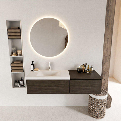 MONDIAZ BUKLA 140cm badmeubel met module 60 kleur Dark Brown met 2 lades. Wastafel CLOUD links 1 kraangat kleur Talc.