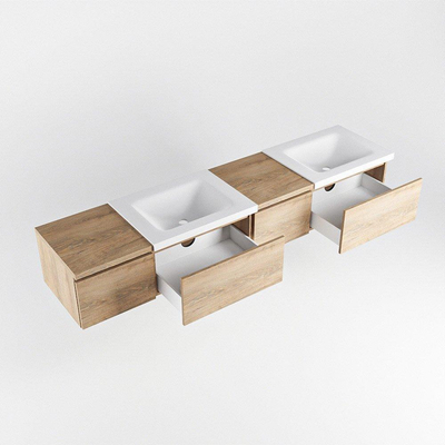 MONDIAZ BUKLA 200cm badmeubel met module 40 rechts kleur Washed Oak met 4 lades. Wastafel CLOUD dubbel 2 kraangaten kleur Talc.