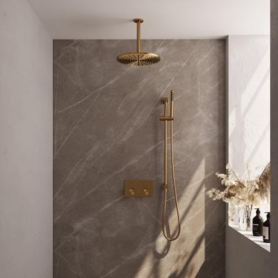 BRAUER Gold Carving Thermostatische Regendouche inbouw - drukknoppen - SET 66 - 30cm hoofddouche - plafondarm - staaf handdouche - doucheslang - geïntegreerde glijstang - goud geborsteld PVD