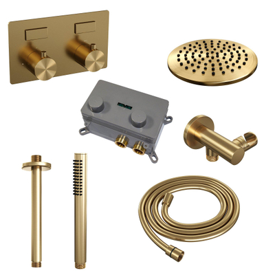BRAUER Gold Edition Thermostatische Regendouche inbouw - drukknoppen - SET 53 - 20cm hoofddouche - plafondarm - staaf handdouche - doucheslang - wandaansluitbocht - goud geborsteld PVD