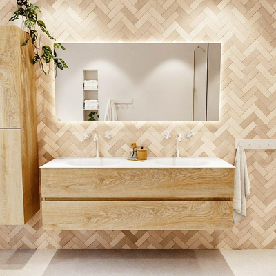 MONDIAZ VICA 150cm badmeubel onderkast Washed Oak 2 lades. Wastafel MOON dubbel 2 kraangaten, kleur Talc.