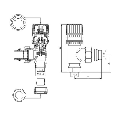 Riko luxe therm.voorber.vent.1/2''x15 (M22) knel haaks chroom
