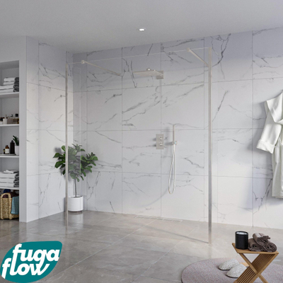 FugaFlow Eccelente Vetro Vrijstaande inloopdouche badkamer - 180x200cm - Helder - antikalk - 8mm veiligheidsglas - 2 zijwanden 30cm - met wandarmen en hoekprofielen - RVS geborsteld -