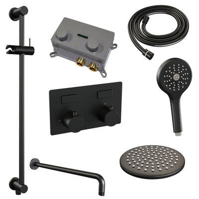 BRAUER Black Edition Thermostatische Regendouche inbouw - drukknoppen - SET 69 - 20cm hoofddouche - gebogen muurarm - 3 standen handdouche - doucheslang - geïntegreerde glijstang - zwart mat