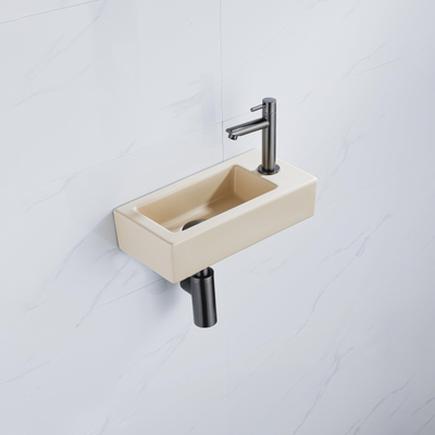 QeramiQ Fuente Fonteinset - 37.5x18.5x9cm - keramiek - kraangat rechts - fonteinkraan gunmetal - afvoerplug - verlaagd sifon - Mat Beige