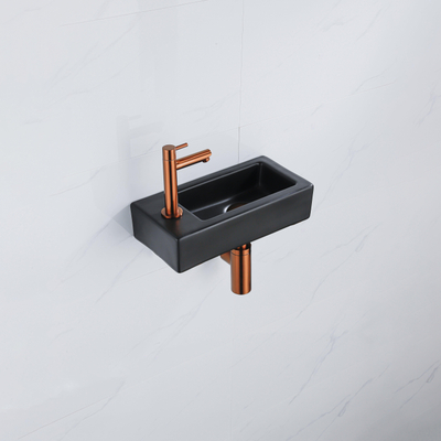 QeramiQ Fuente Fonteinset - 37.5x18.5x9cm - keramiek - kraangat links - fonteinkraan geborsteld koper - afvoerplug - verlaagd sifon - Mat Zwart