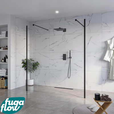 FugaFlow Eccelente Vetro Vrijstaande inloopdouche badkamer - 180x200cm - Helder - antikalk - 8mm veiligheidsglas - 2 zijwanden 40cm - met wandarmen en hoekprofielen - Zwart mat -