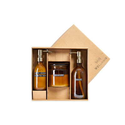 Wellmark Giftbox Handverzorging 3-delig met kaars Bruin Glas Messing pomp