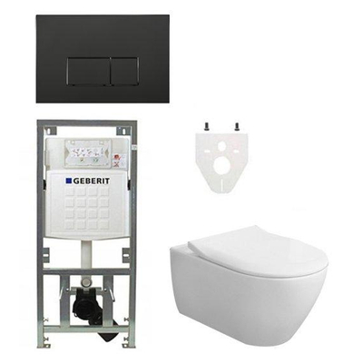 Villeroy en Boch Subway 2.0 DirectFlush CeramicPlus toiletset slimseat zitting met Geberit reservoir en bedieningsplaat met rechthoekige knoppen mat zwart