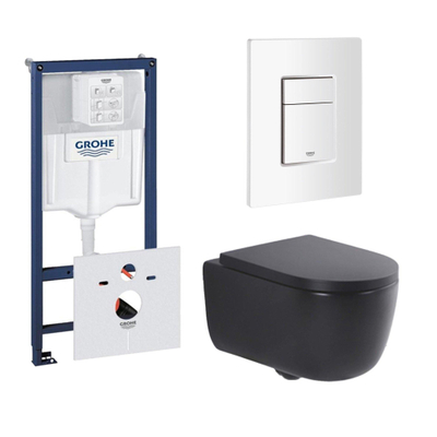 QeramiQ Dely Swirl Toiletset - 36.5x53cm - Grohe Rapid inbouwreservoir - 35mm zitting - witte bedieningsplaat - rechthoekige knoppen - mat zwart