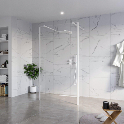 Fortifura Galeria Vrijstaande Inloopdouche - 110x200cm - Helder - antikalk - 8mm veiligheidsglas - 2 zijwanden 40cm - wandsteunen en hoekprofielen - Wit mat