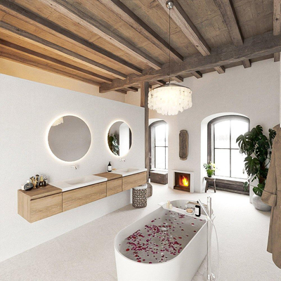 MONDIAZ BUKLA 240cm badmeubel met module 40 rechts kleur Washed Oak met 4 lades. Wastafel CLOUD dubbel 0 kraangaten kleur Talc.