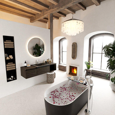 MONDIAZ BUKLA 140cm badmeubel met open module 40 rechts kleur Dark Brown met 2 lades. Wastafel CLOUD rechts 1 kraangat kleur Urban.