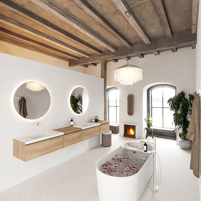 MONDIAZ BUKLA 280cm badmeubel met module 60 links kleur Washed Oak met 4 lades. Wastafel CLOUD dubbel 0 kraangaten kleur Talc.